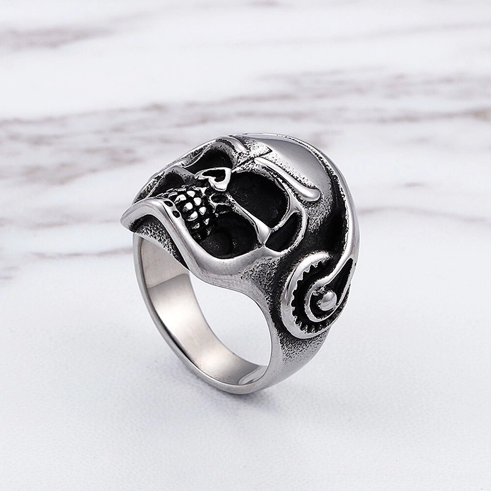 Textured punk skull headphone ring side profile with gear components and polished band