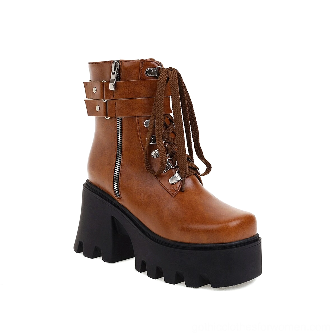 Mustard yellow gothic lace-up platform boots with side zipper closure, three-quarter view highlighting alternative goth boot design