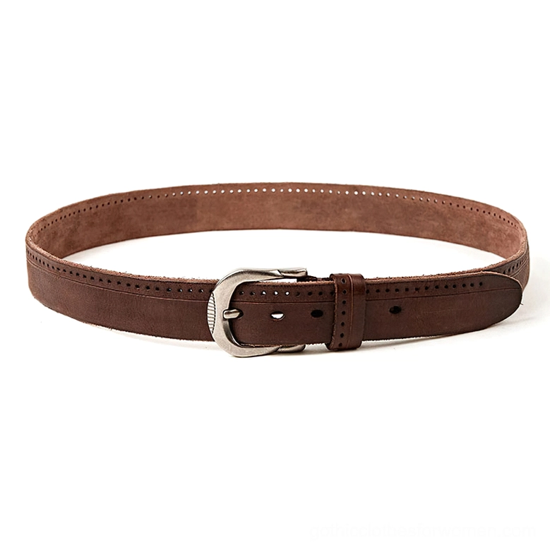 Matte brown narrow gothic leather belt with silver hardware and perforated holes, top-down flat lay