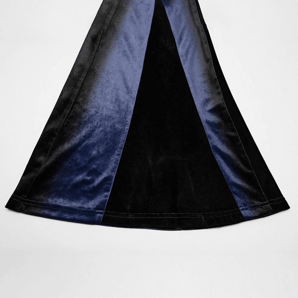 Hem detail revealing dual fabric construction navy velvet combined with black velvet flare design