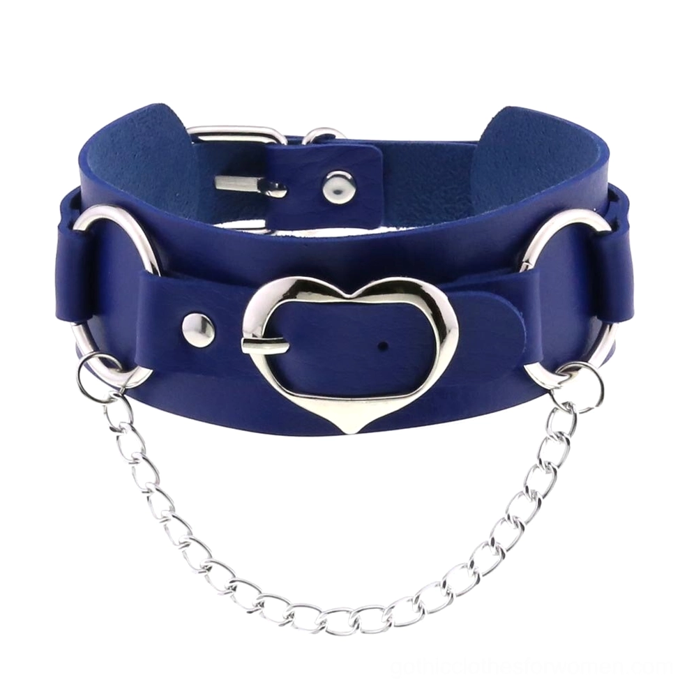 Navy blue punk heart choker collar with silver heart buckle and decorative metal chain