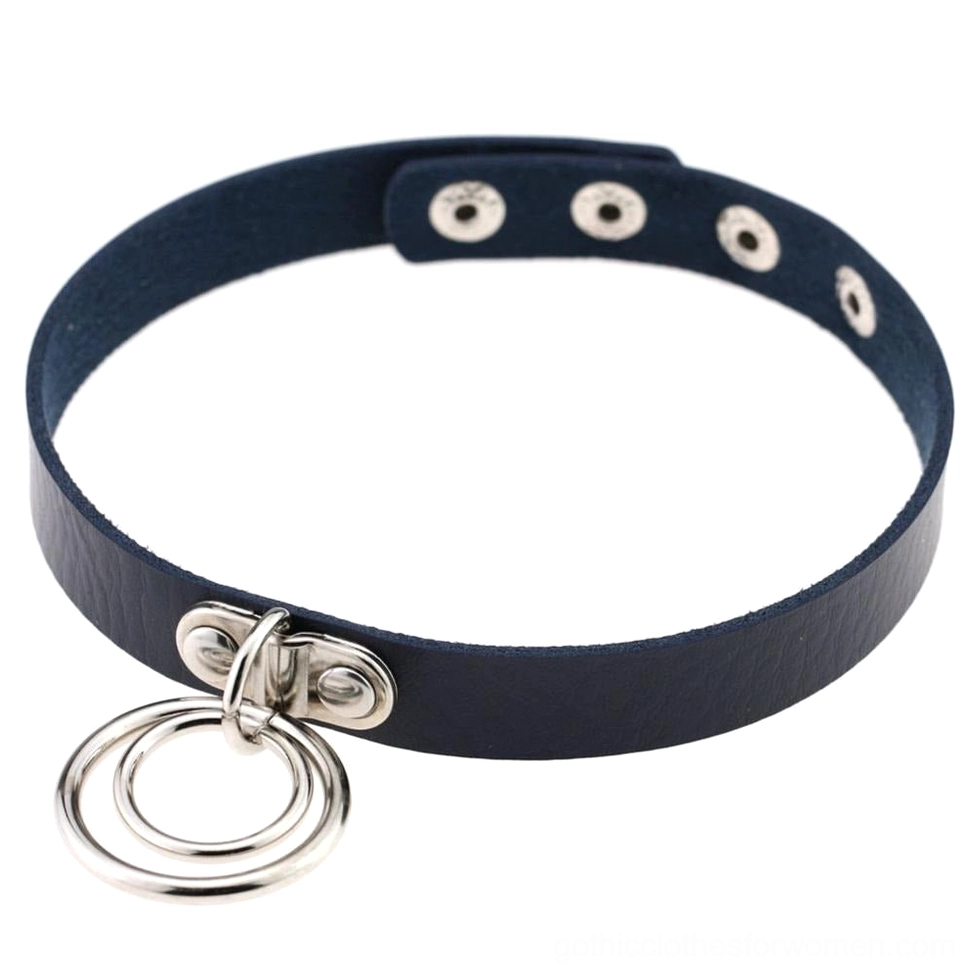 Navy blue gothic choker with double metal ring design, adjustable PU leather necklace
