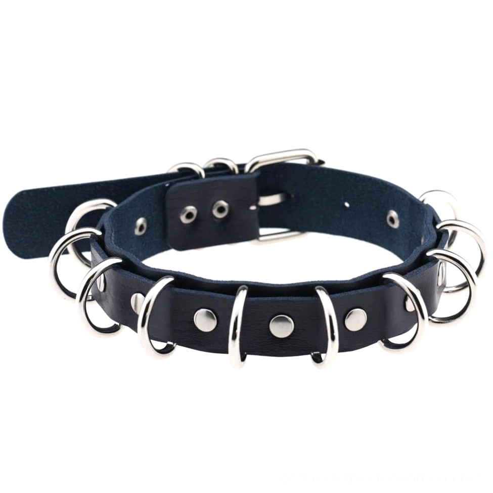 Navy blue faux leather choker with decorative metal rings, punk rock jewelry style