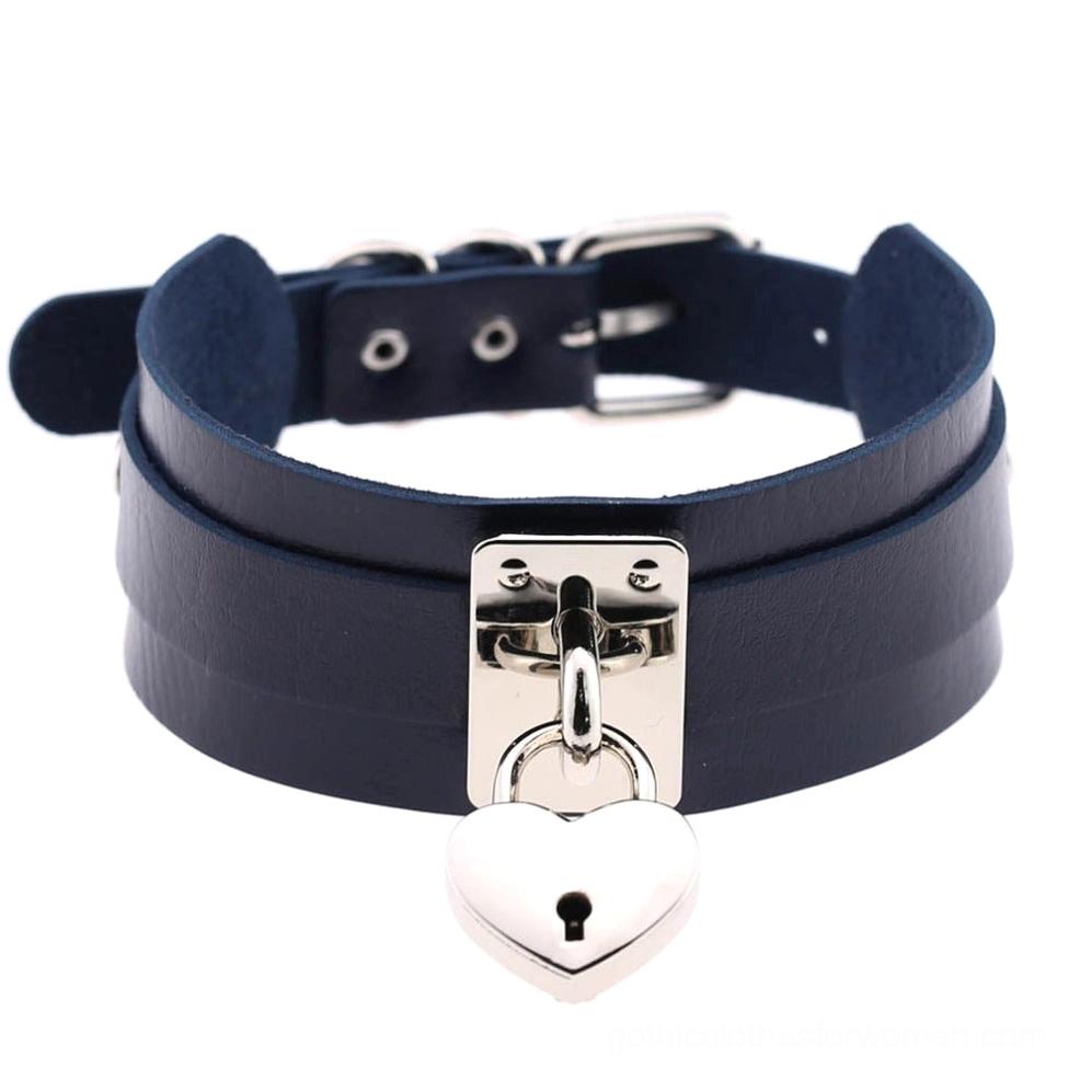 Navy blue gothic leather heart lock choker necklace with silver lock charm - cool tone variant