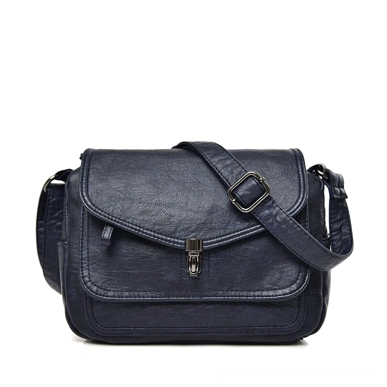 Navy blue gothic leather crossbody handbag with twist-lock clasp, vintage style shoulder bag