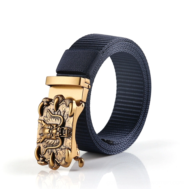 Navy blue nylon gothic belt featuring vintage bronze dragon buckle and durable webbing