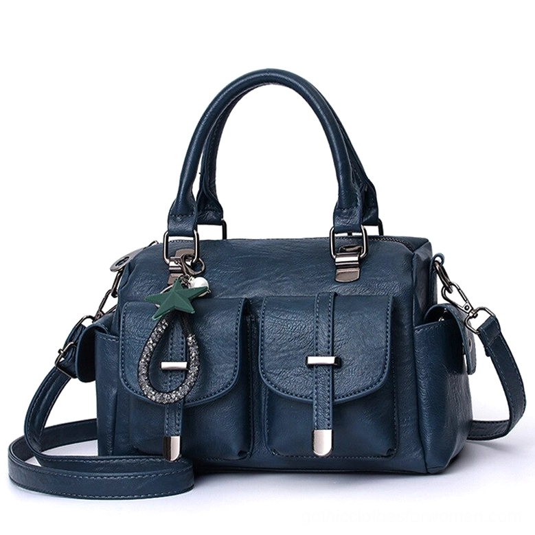 Navy blue leather gothic star pendant handbag with multi-pocket design and adjustable carrying strap