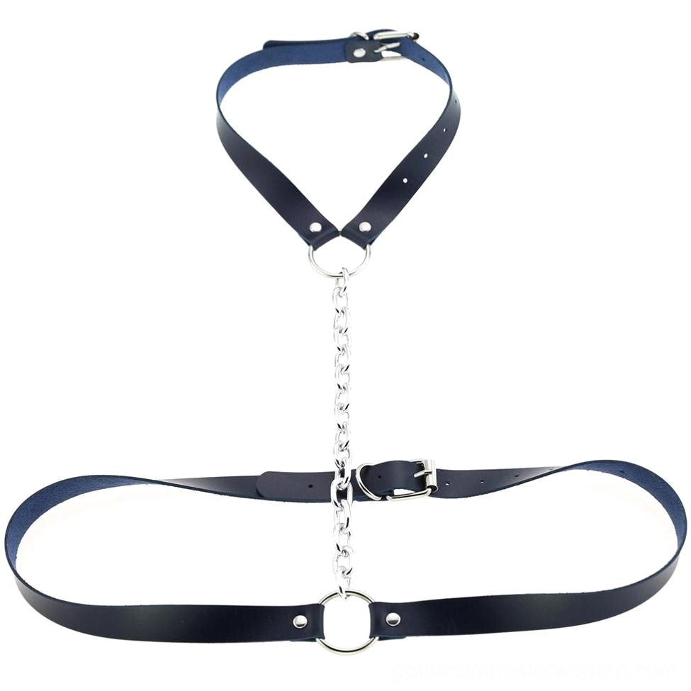 Navy blue vegan leather body harness with adjustable straps and metal hardware, flat display