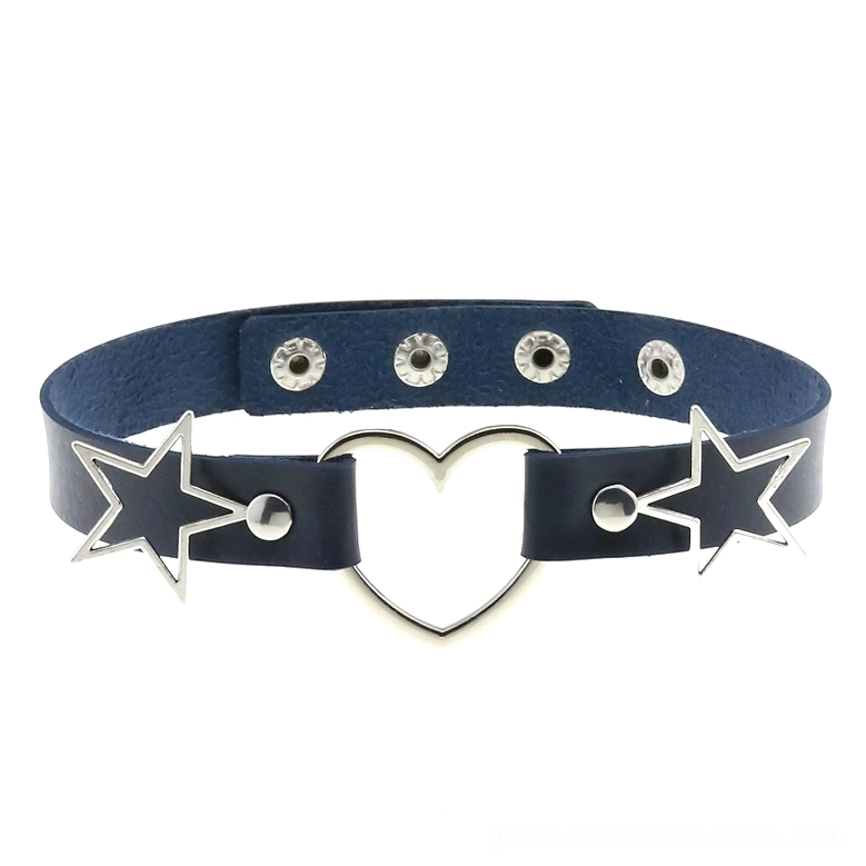 Navy PU leather gothic choker necklace with heart pendant and star ornaments, adjustable snap fasteners, professional product photography