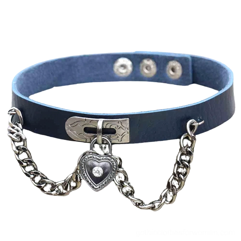 Navy blue PU leather gothic choker necklace with heart-shaped lock pendant and silver chain - product shot