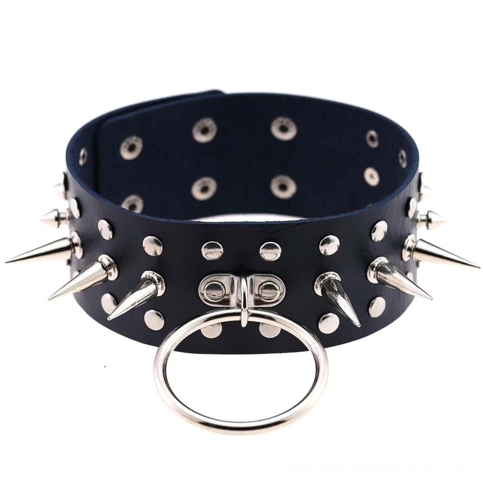 Navy blue PU leather spiked choker with matching silver metal hardware and spike detailing flat lay view