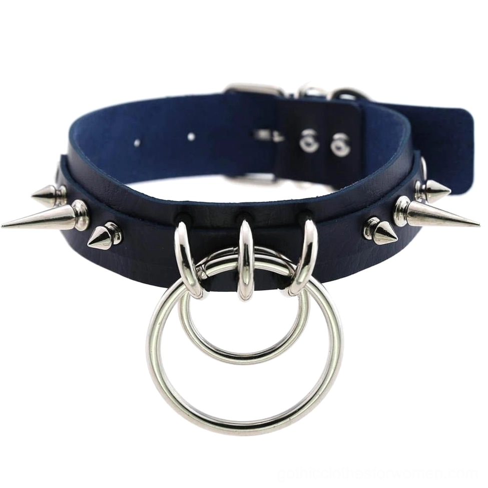 Dark navy blue spiked leather choker with double O-rings, silver spike studs, and adjustable metal hardware
