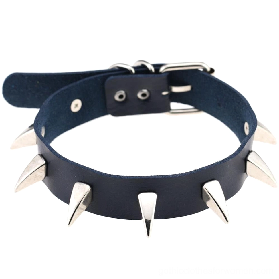 Navy blue spiked leather gothic choker with adjustable buckle closure and silver spike decorations
