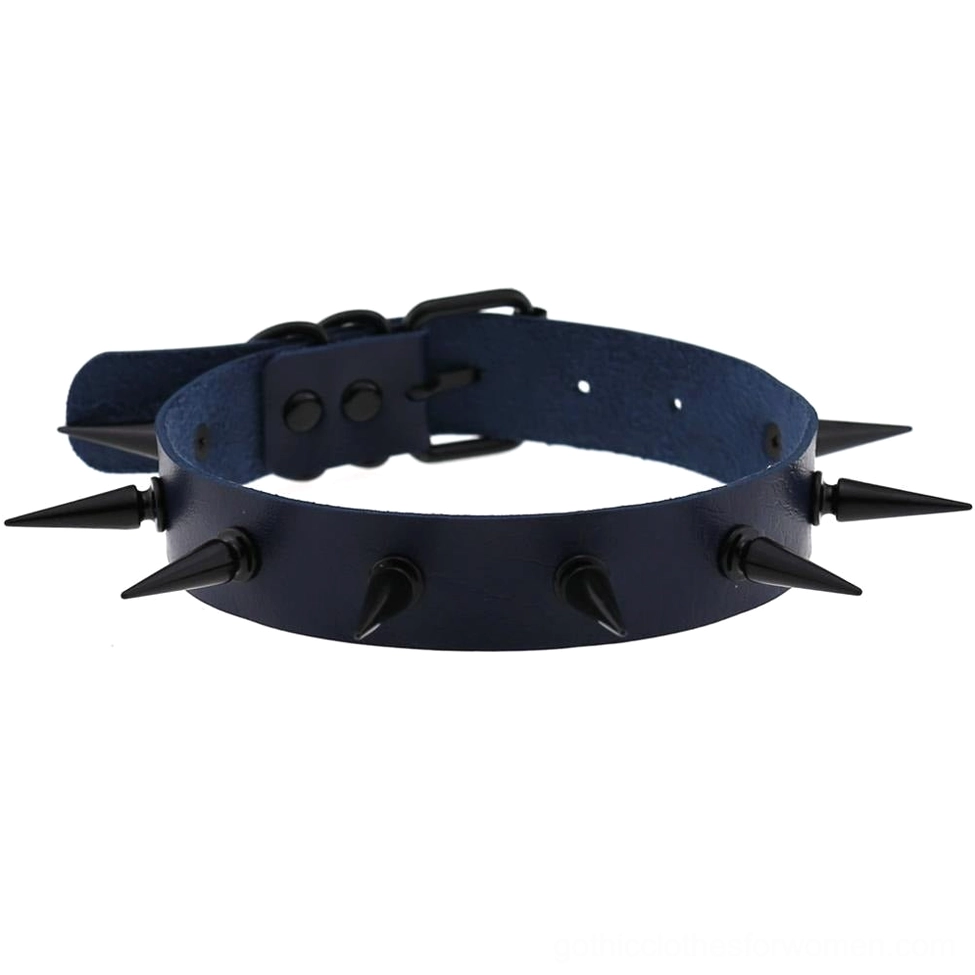 Navy blue spiked choker collar with black iron studs and adjustable metal hardware for gothic fashion