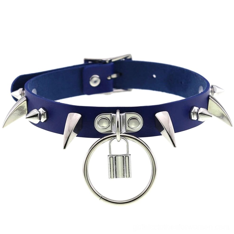 Navy blue spiked gothic choker with lock and ring pendant silver metal spikes