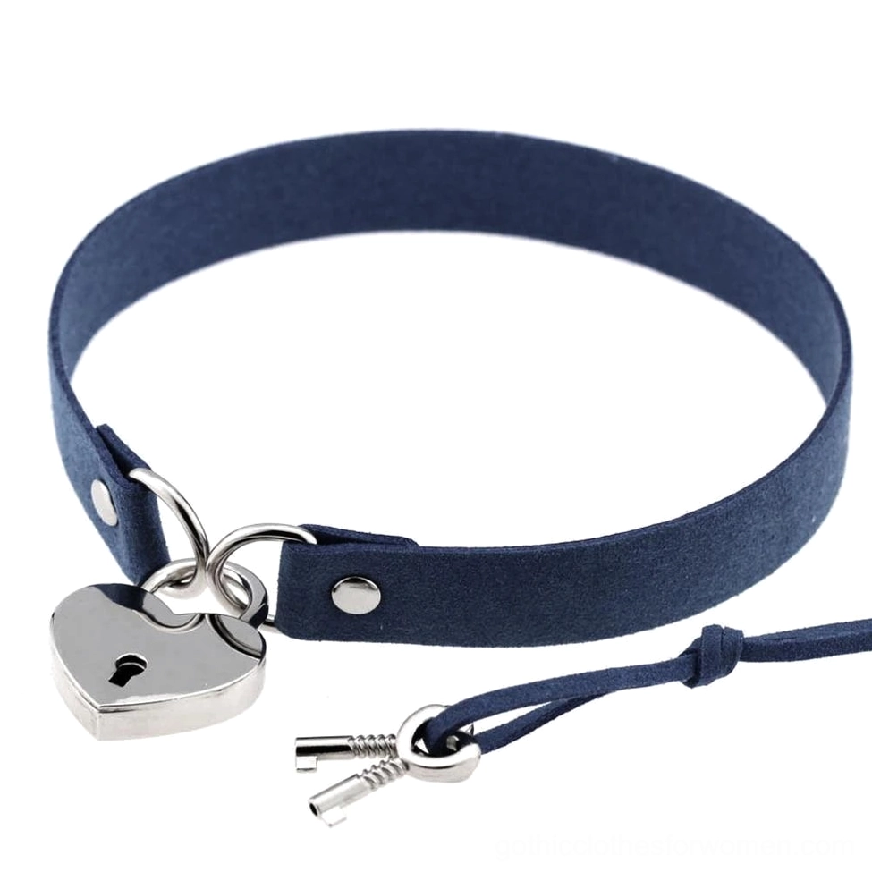Navy blue suede heart lock choker with silver lock mechanism - gothic fashion accessory