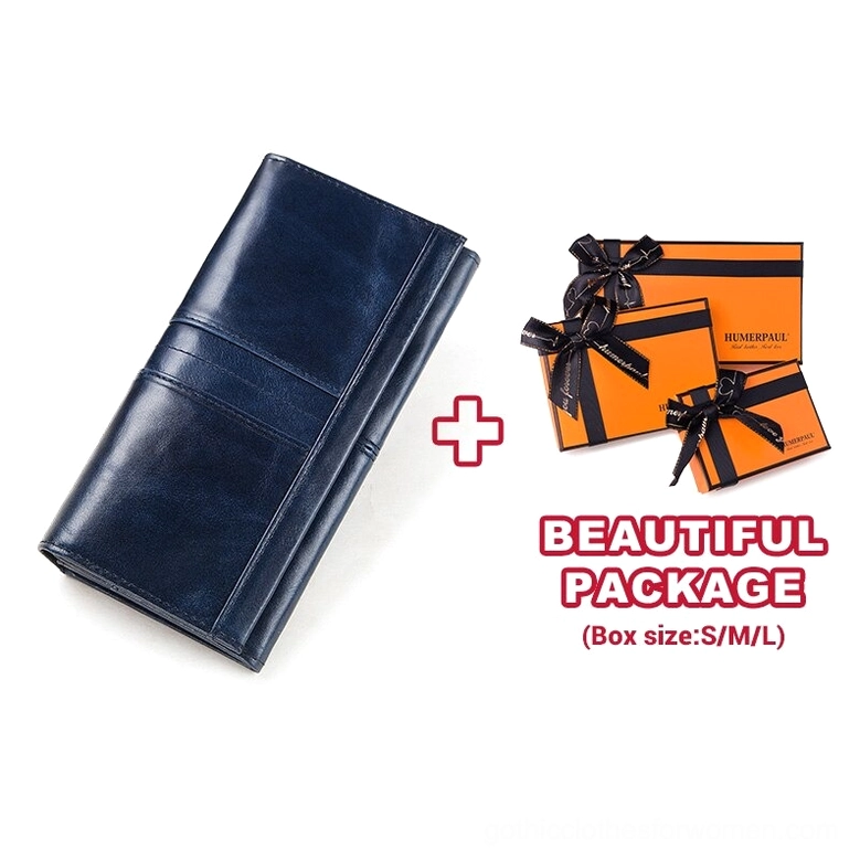 Navy blue compact leather wallet clutch in polished genuine leather with matching premium gift packaging box