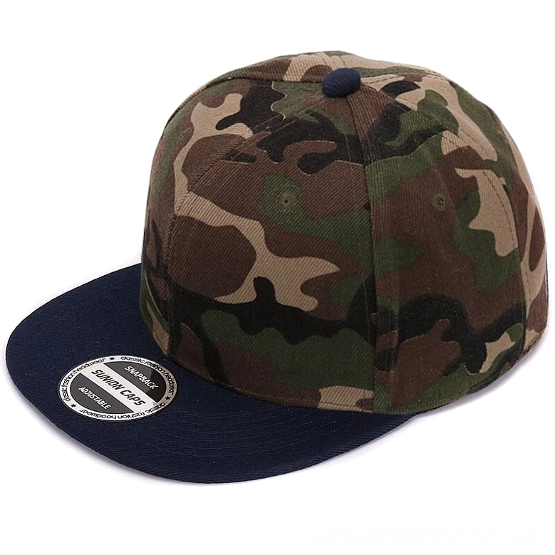 Navy camo snapback cap back oblique angle showing adjustable strap and brand tag
