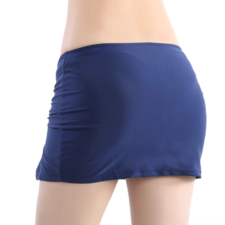 Navy blue gothic women's swim skirt rear view, solid color with simple straight hem design
