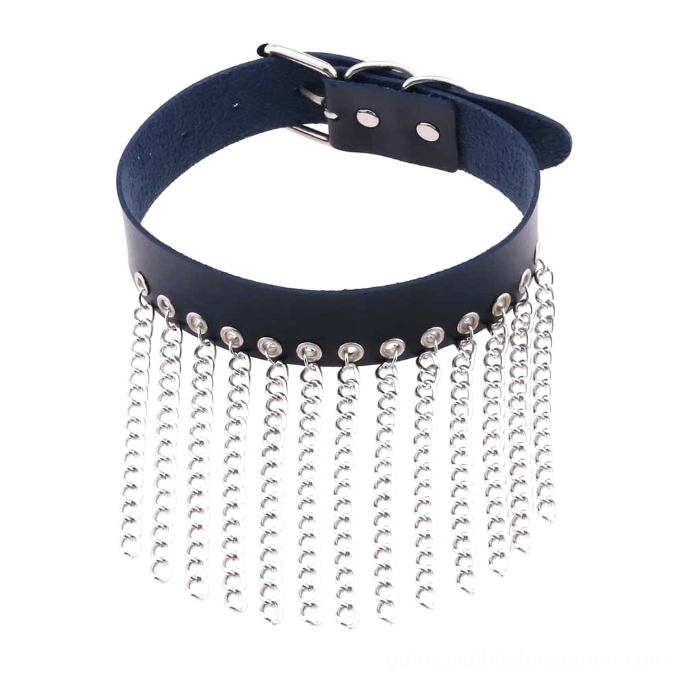Navy blue leather chain choker gothic necklace with adjustable closure and tassels