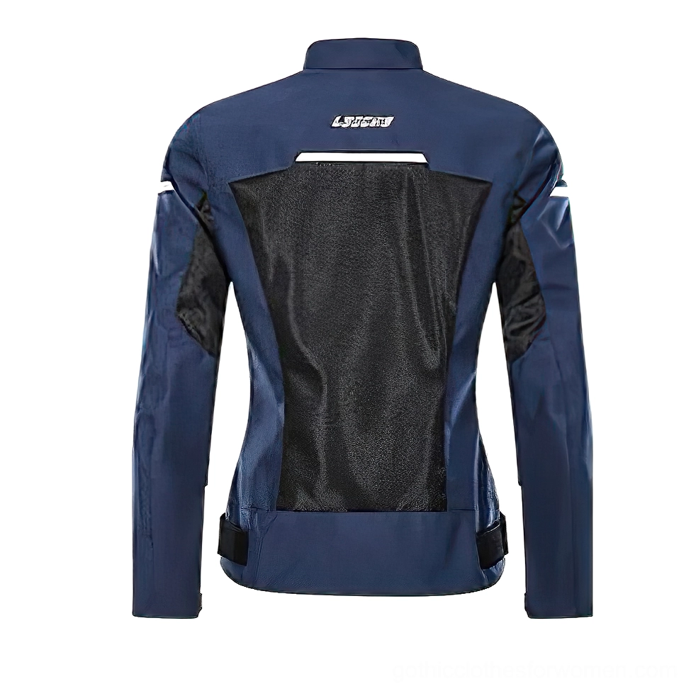 Navy blue motorcycle jacket rear view showing central mesh back panel and adjustable fasteners