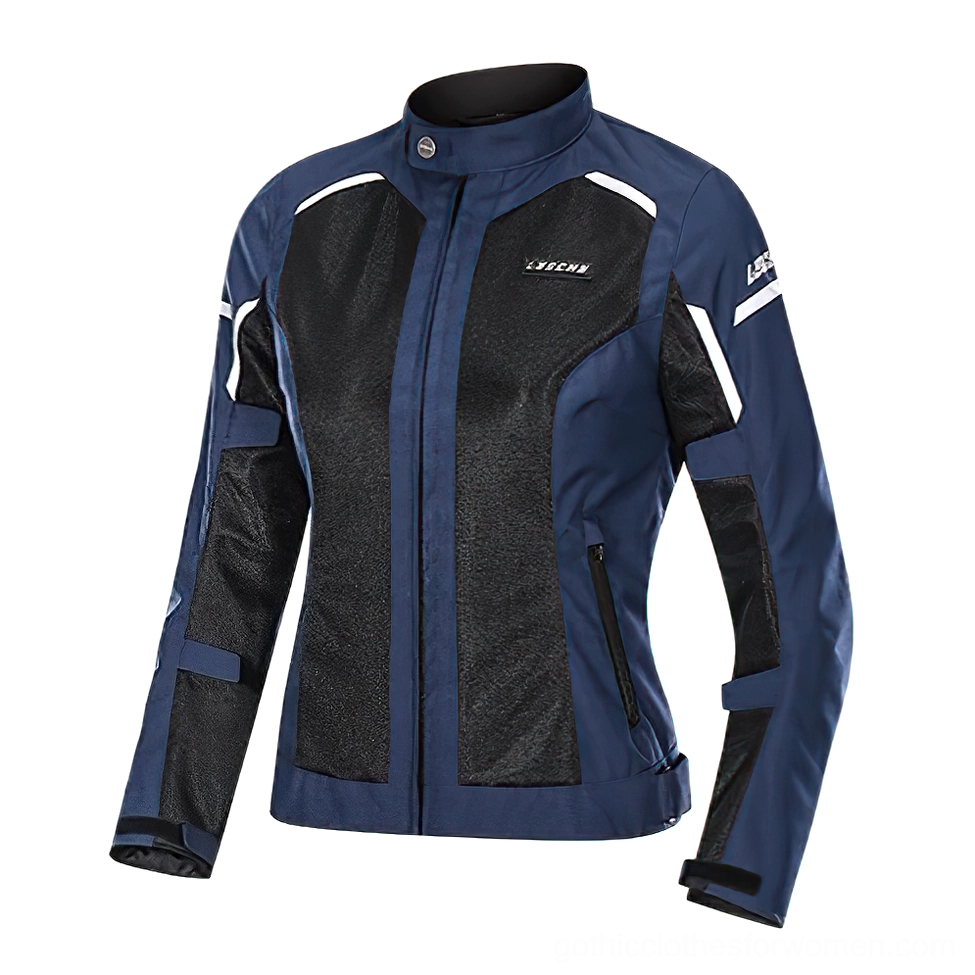 Navy blue gothic moto jacket front three-quarter view with reflective arm stripes and stand collar