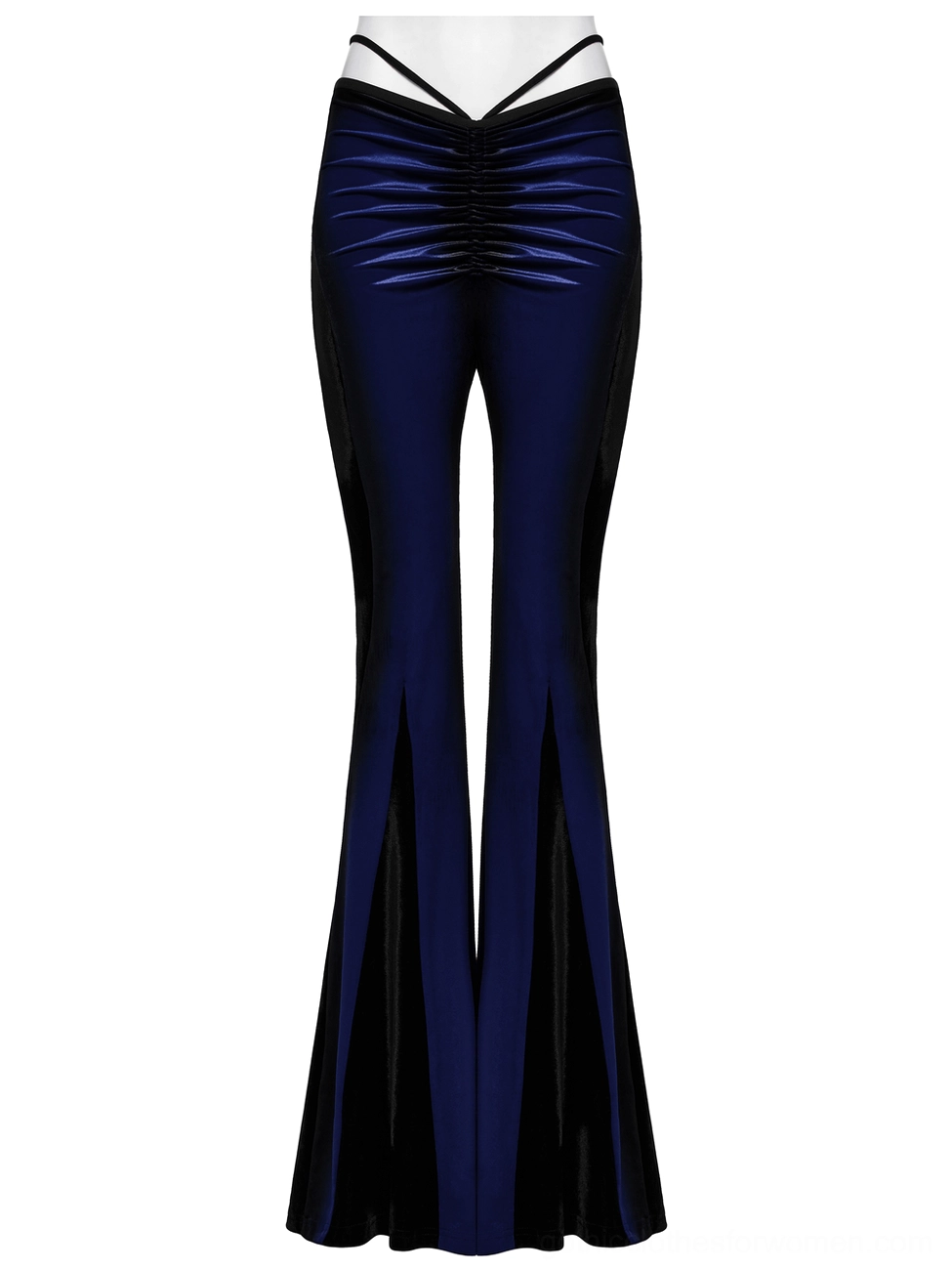 Front detail of navy velvet flare pants with ruched front drawstring and glossy black velvet side inserts