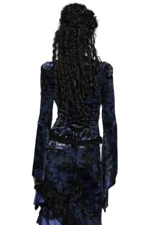 Navy velvet gothic lace top with corset back lacing displayed on model from behind, showing dramatic flared sleeves and textured ruching detail