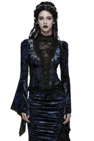 Navy velvet gothic lace top with flared sleeves modeled on woman in dark studio setting, front full view showing high neckline and theatrical silhouette
