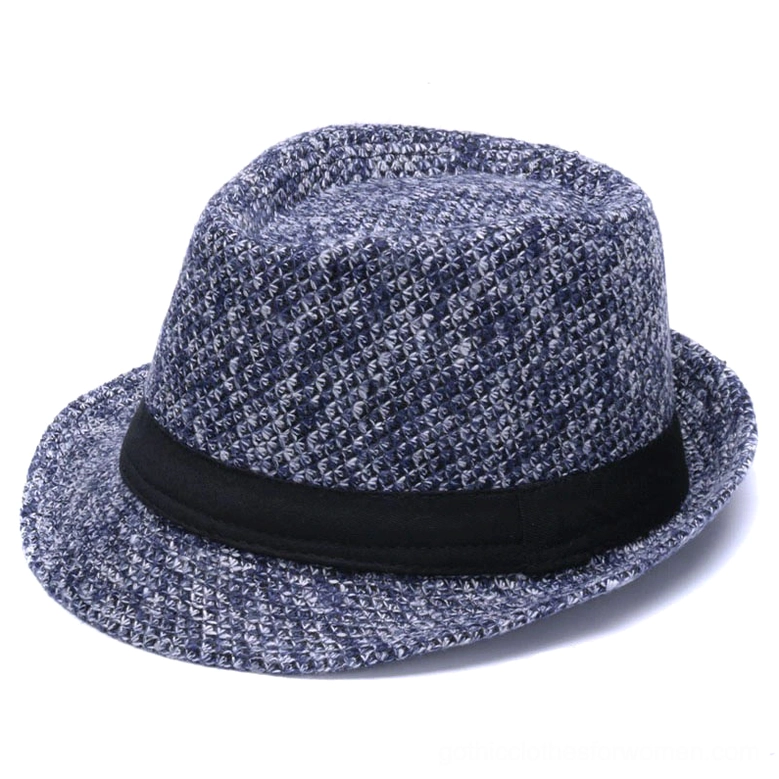 Navy blue wool fedora hat with black ribbon band, three-quarter side profile displaying dark elegant design