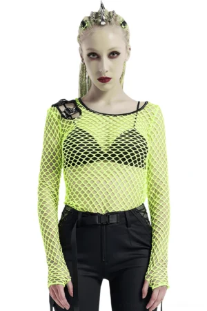 Neon green fishnet gothic long sleeve top with silver shoulder buckle hardware on model wearing punk style