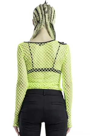 Back view of fluorescent green mesh gothic long sleeve top showing fitted silhouette and neckline