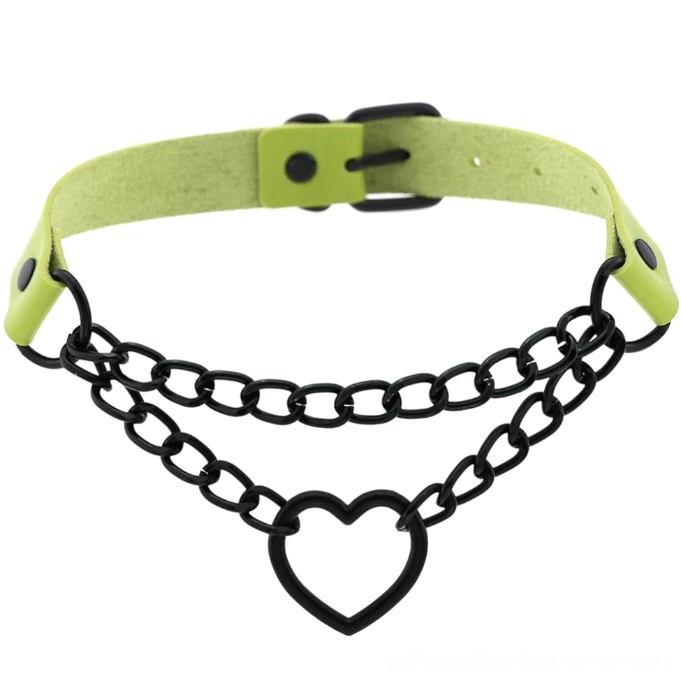 Fluorescent green PU leather heart choker with matte black chains and heart pendant, alternative fashion styling