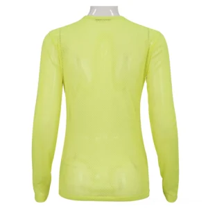 Neon yellow mesh top back view - see-through fitted design showing full back coverage and sleeve construction for alternative fashion styling