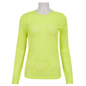 Neon yellow gothic mesh long sleeve top front view - fitted silhouette with crew neck and sheer polyamide fabric, worn on mannequin against plain studio background