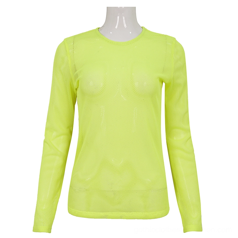Neon yellow gothic mesh long sleeve top front view - fitted silhouette with crew neck and sheer polyamide fabric, worn on mannequin against plain studio background