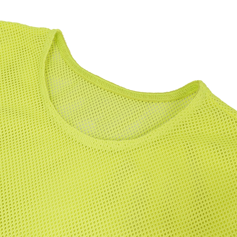Close-up detail of neon yellow mesh top crew neck - breathable mesh weave and round neckline perfect for layering gothic accessories and body chains