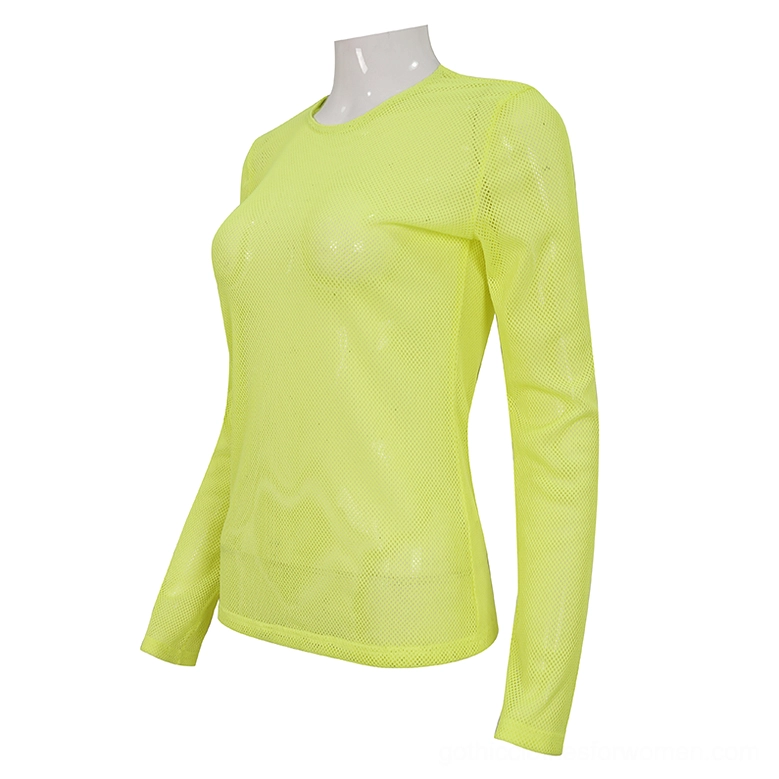 Neon yellow transparent mesh long sleeve top side angle - three-quarter view displaying fitted long sleeves with refined cuff details and curved hemline