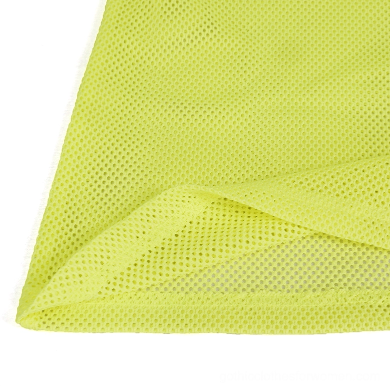 Stretchy see-through neon yellow mesh fabric close-up - 100% polyamide with high elasticity and fine perforated weave characteristic of gothic cyberpunk styling