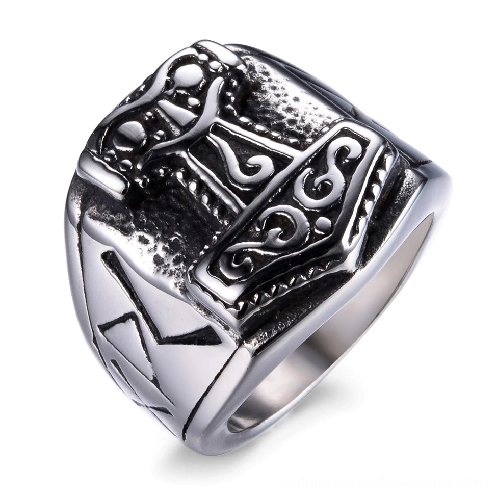 Nordic Mjolnir ring with embossed hammer and scrollwork design in blackened finish, right oblique view