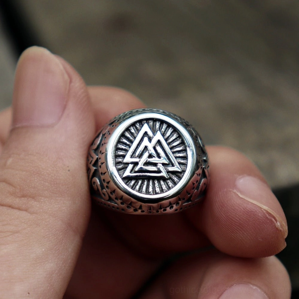 Norse amulet ring worn on finger demonstrating fit comfort unisex valknut stainless steel