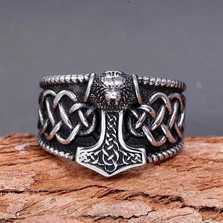 Norse mythology ring with lion head ornament vintage silver-black finish gothic