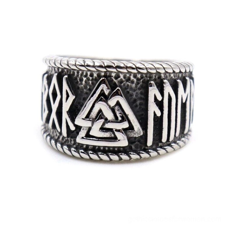 Nordic rune amulet ring with dark patina silver finish, twisted rope trim, and sacred Valknut symbol engravings, detailed front close-up