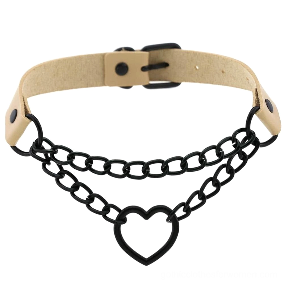 Nude beige PU leather heart choker with black aluminum chains and hollow heart charm