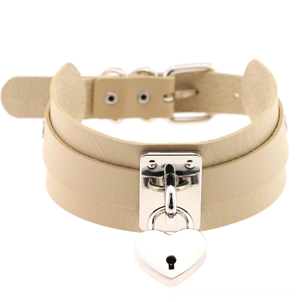 Nude tone gothic leather heart lock choker with silver lock pendant - subtle alternative style