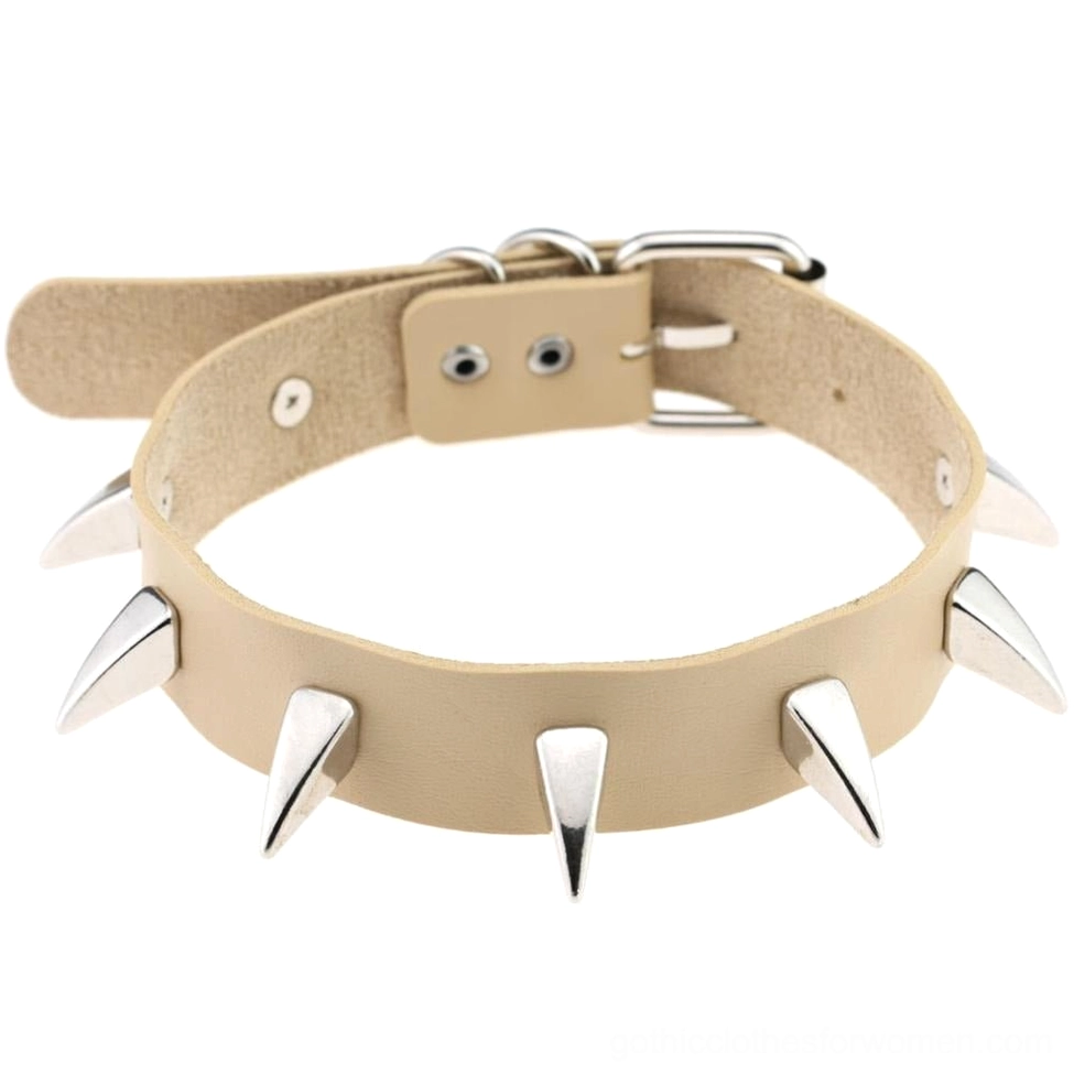 Nude spiked leather gothic choker necklace with adjustable sizing and silver spike studs
