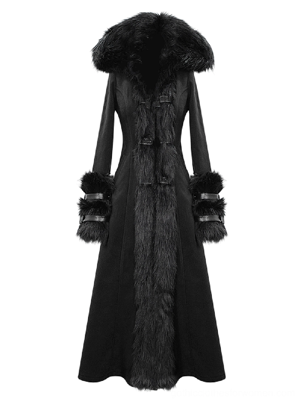 Gothic black long coat flat lay front view displaying full silhouette, faux fur hood trim, structured fur panels, and buckle cuff details