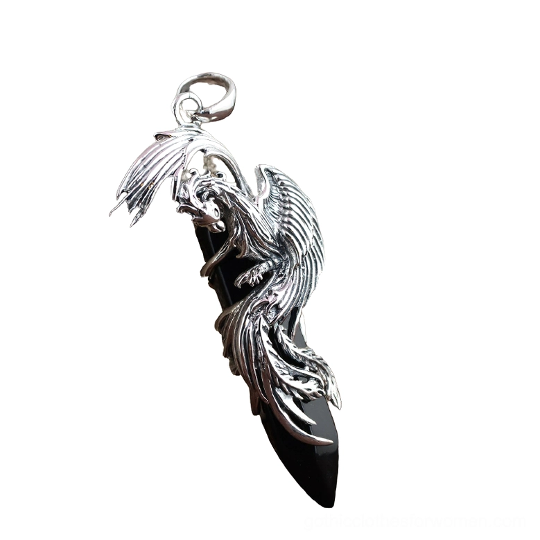 Black obsidian phoenix pendant sterling silver left front view with intricate feather carving detail on pure white background
