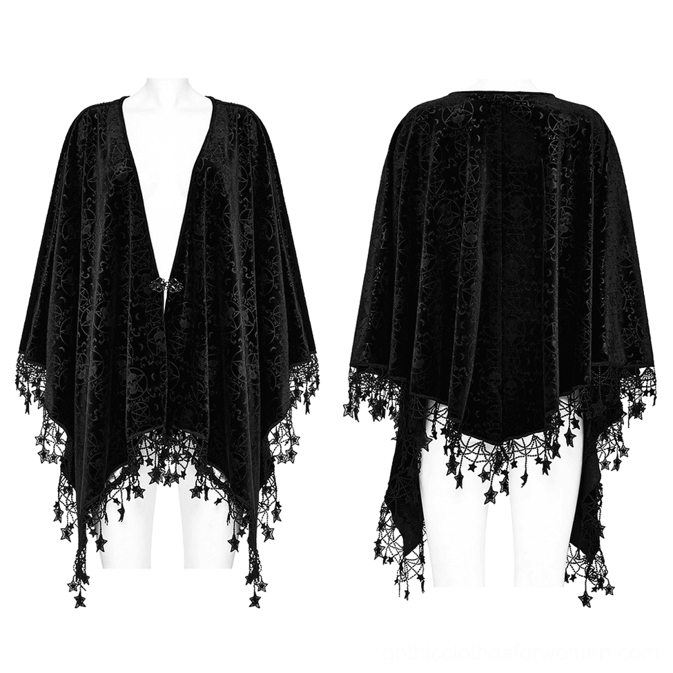 Pentagram cape displayed on two mannequins showing front and back design with star tassel trim and embossed occult patterns