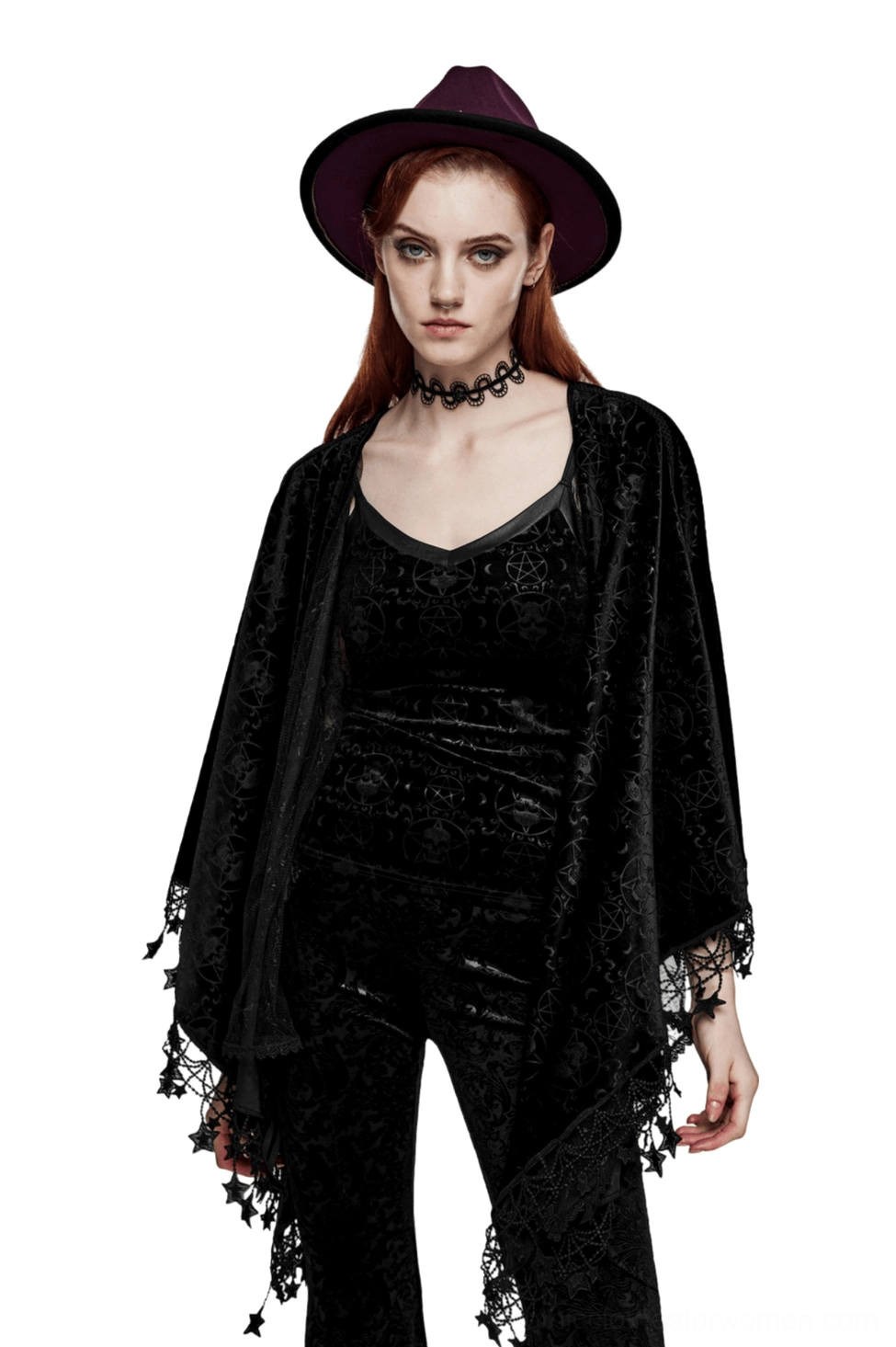 Black velvet occult shawl cape with pentacle star tassels and lace lining displayed on mannequin